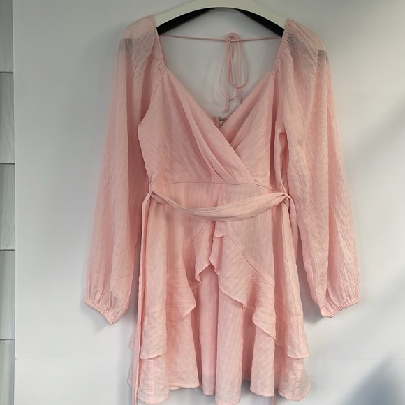 Trixxi Pink Ruffled Chiffon Tie Front or Back Mini Skater Dress Medium - Picture 5 of 17